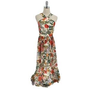 Lulu's Cream Floral Halter Midi Dress with Red & Green Blooms
